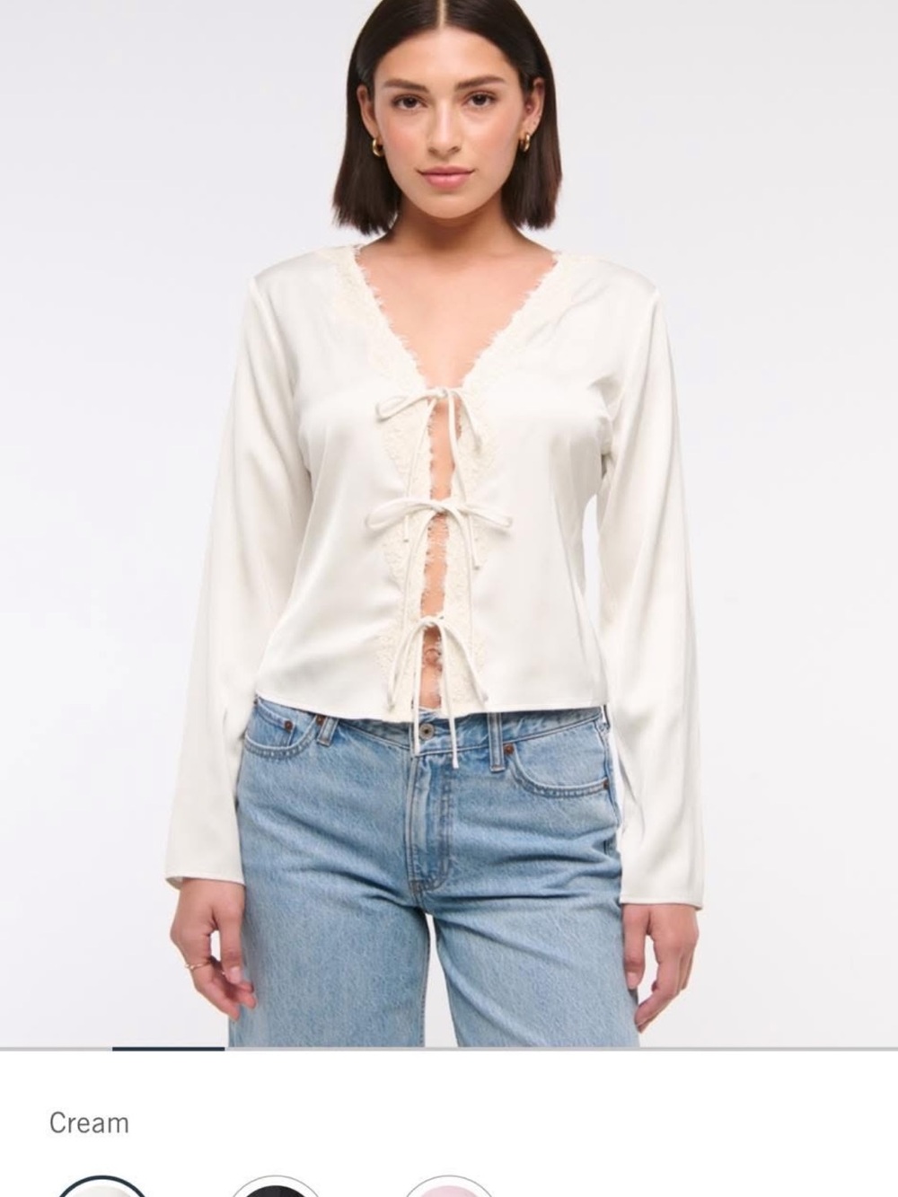 Abercrombie & Fitch Cream Lace-Trim Tie-Front Long Sleeve Top